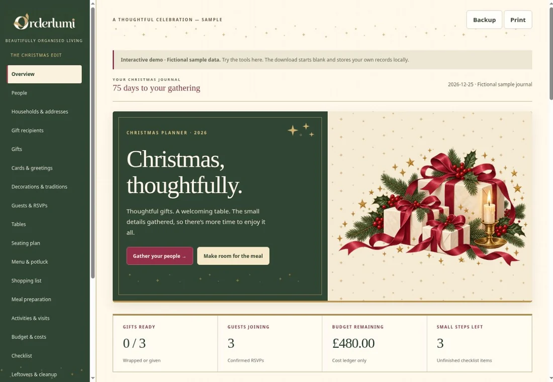 Actual screenshot from the Christmas Planner demonstration
