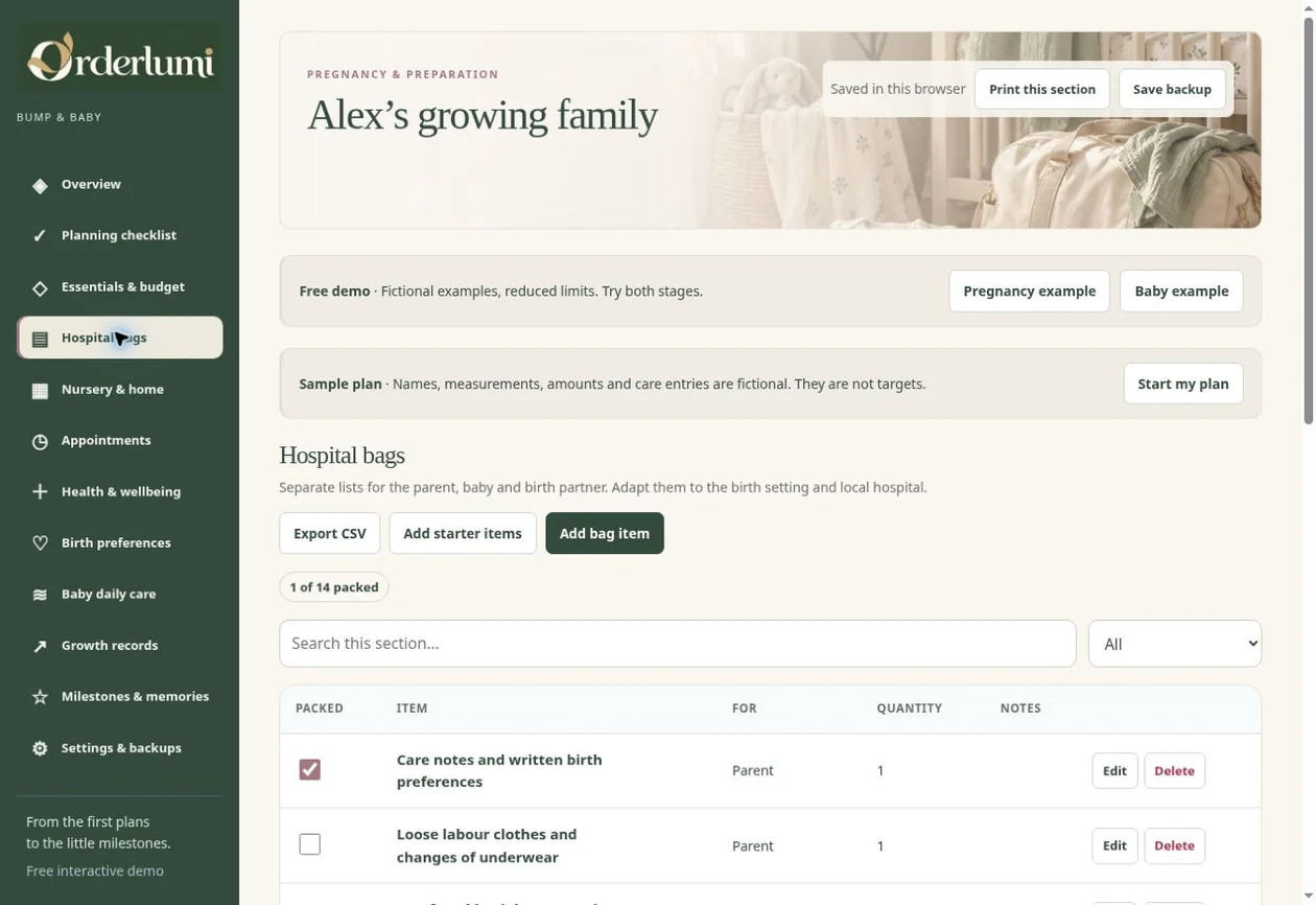 Actual Pregnancy & Baby Planner application screen — Hospital bag planning