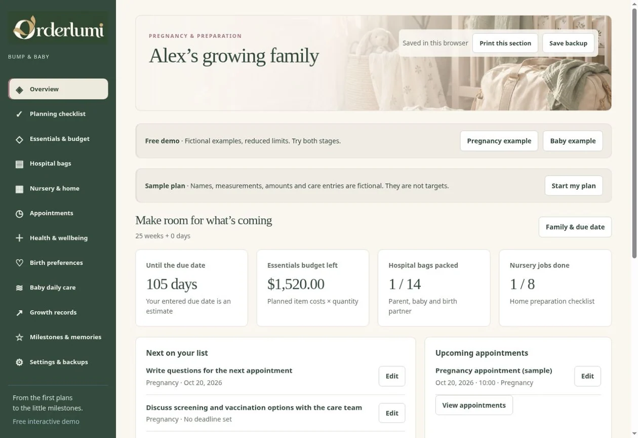Actual Pregnancy & Baby Planner application screen — Pregnancy & baby overview