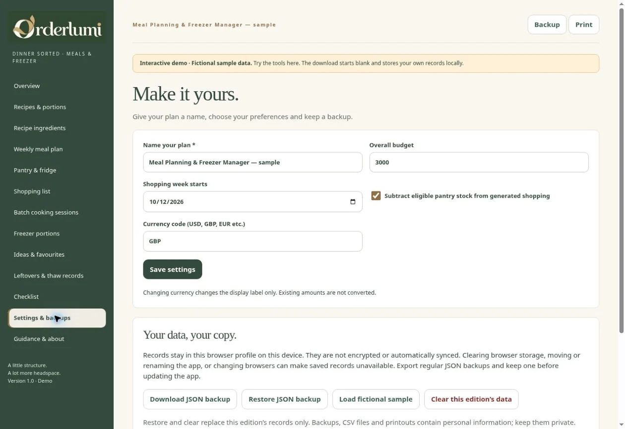 Actual Meal Planner application screen — Backups & settings