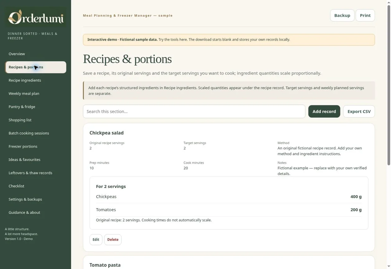 Actual Meal Planner application screen — Recipes & portion planning