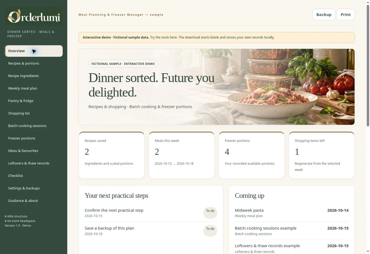 Actual Meal Planner application screen — Overview & upcoming meals