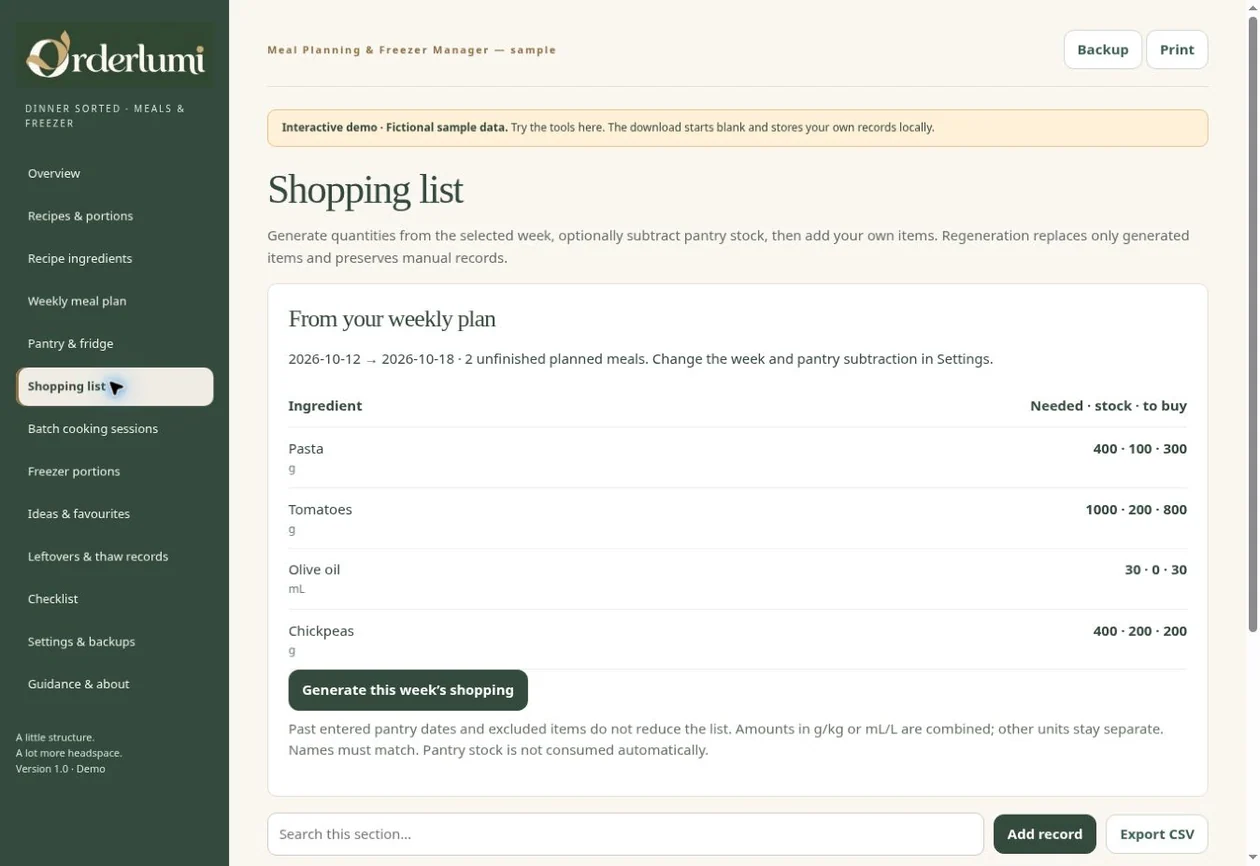 Actual Meal Planner application screen — Planning workflow