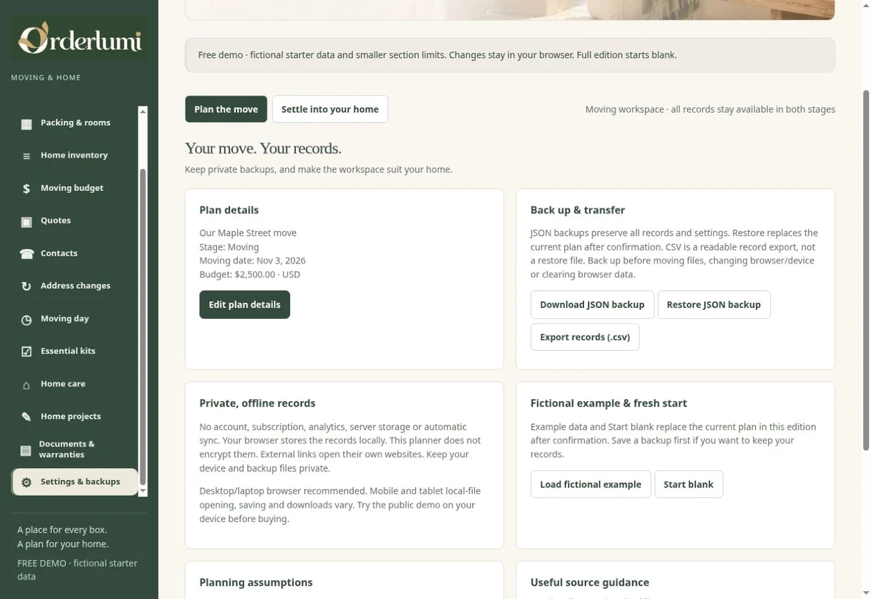 Actual Moving House Planner application screen — Backups & settings