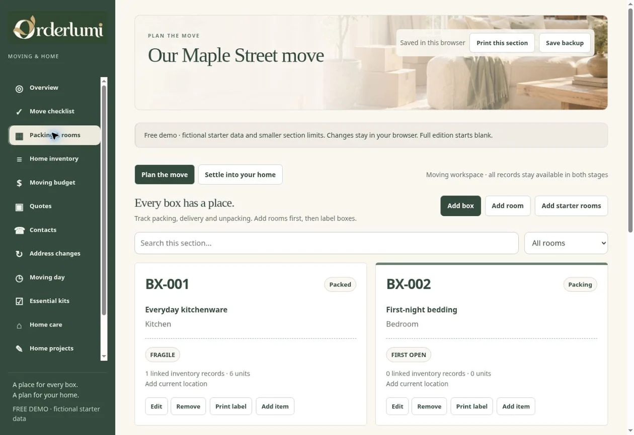 Actual Moving House Planner application screen — Boxes & packing records