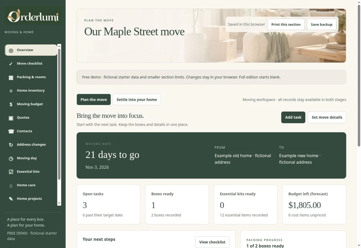 Actual Moving House Planner application screen — Moving overview