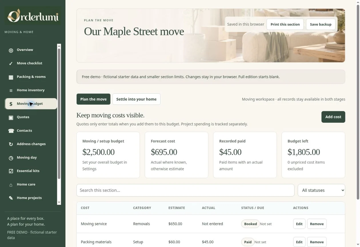 Actual Moving House Planner application screen — Moving workflow