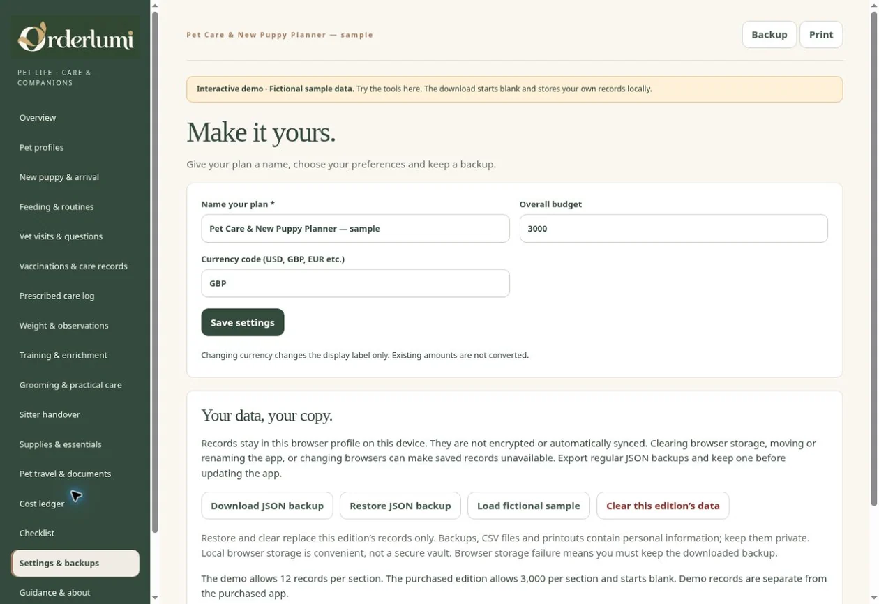 Actual Pet Care Planner application screen — Backups & settings