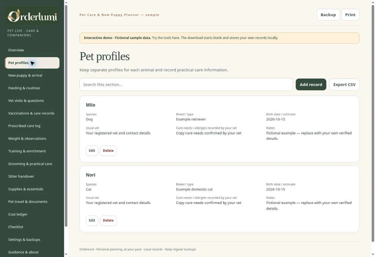 Actual Pet Care Planner application screen — Pet profiles
