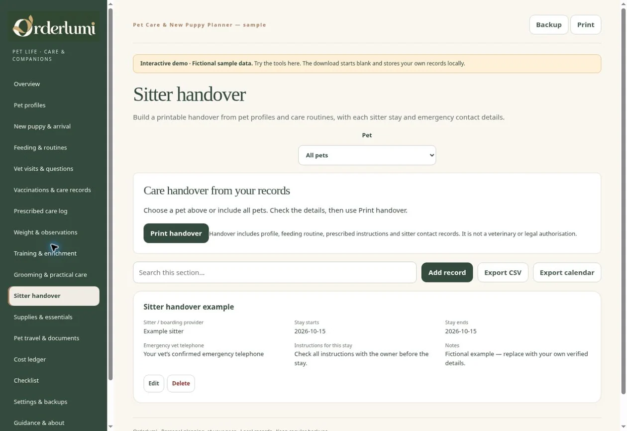 Actual Pet Care Planner application screen — Care records & workflow