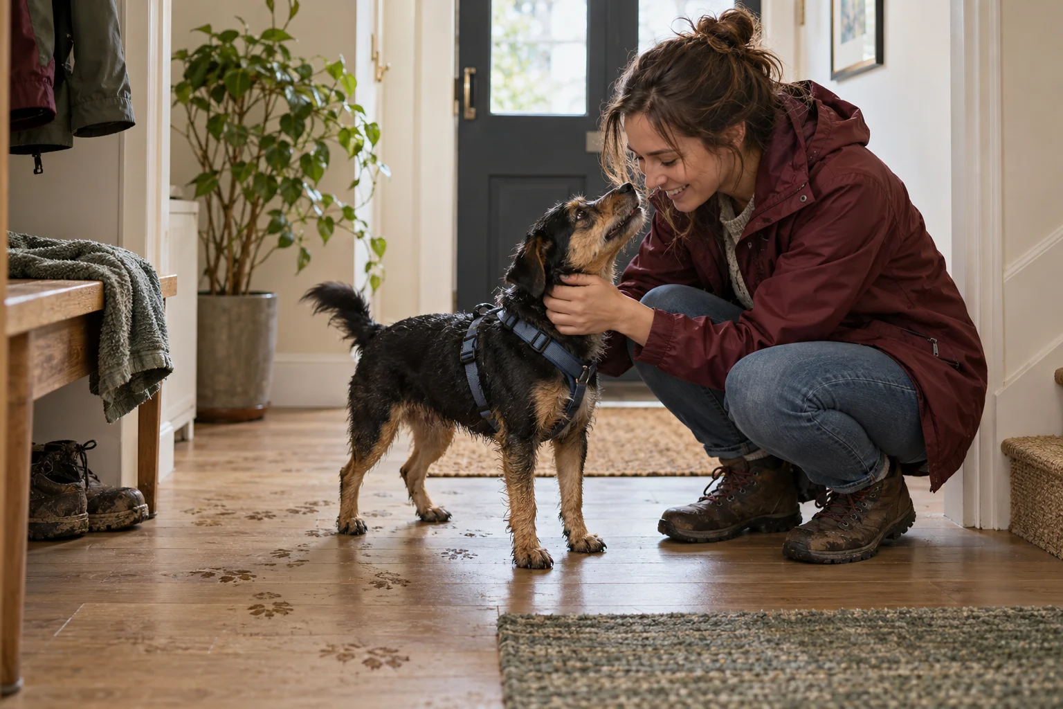 An owner greeting a small mixed-breed dog in a lived-in hallway after a wet walk