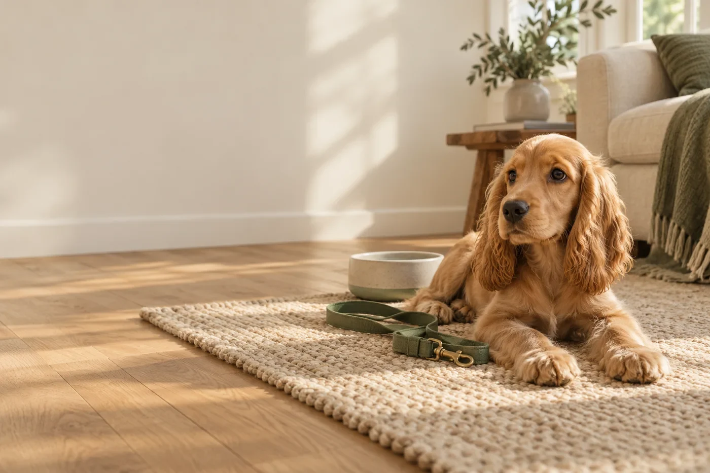 Golden cocker spaniel in a warm, quiet home