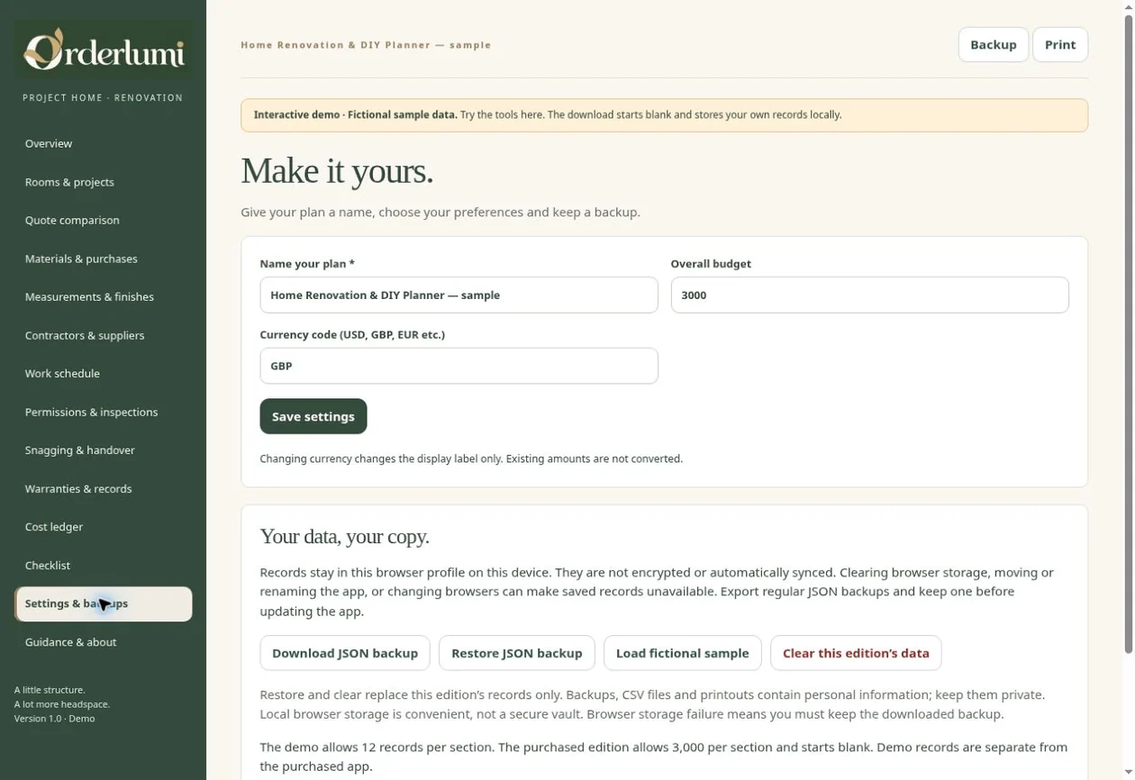 Actual Home Renovation Planner application screen — Backups & settings