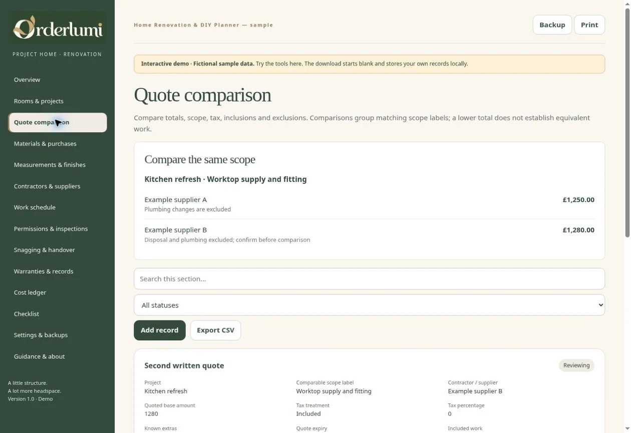 Actual Home Renovation Planner application screen — Quote comparisons