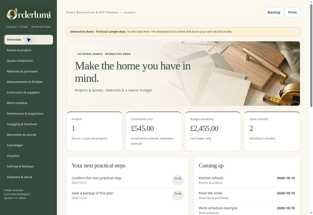 Actual Home Renovation Planner application screen — Project overview