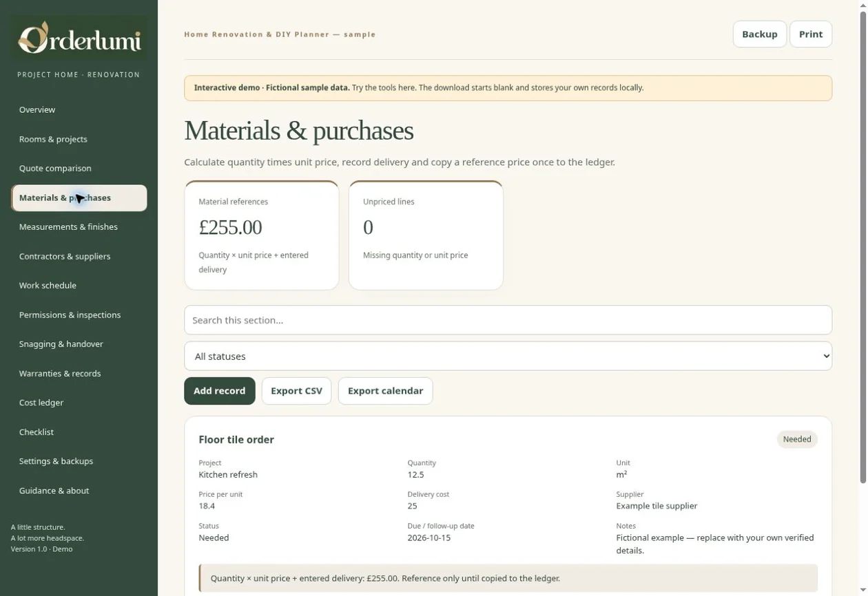 Actual Home Renovation Planner application screen — Project workflows