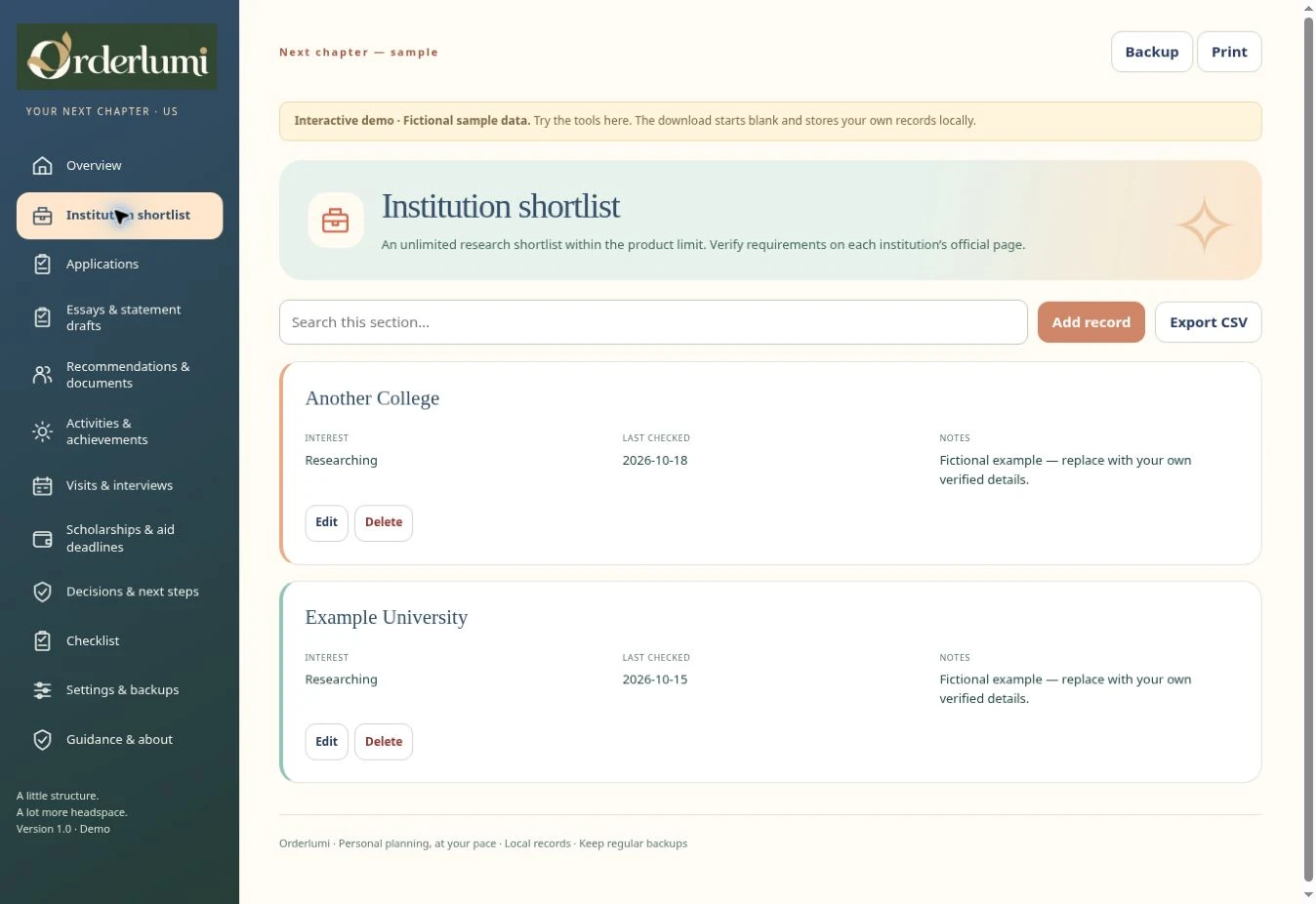 Actual College Application Tracker — US — Institution shortlist