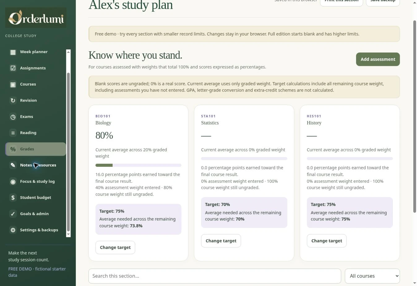 Actual College & University Study Planner — Focus & study log