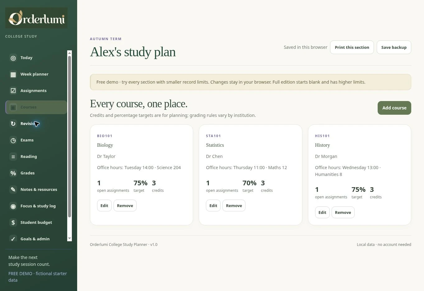Actual College & University Study Planner — Revision topics