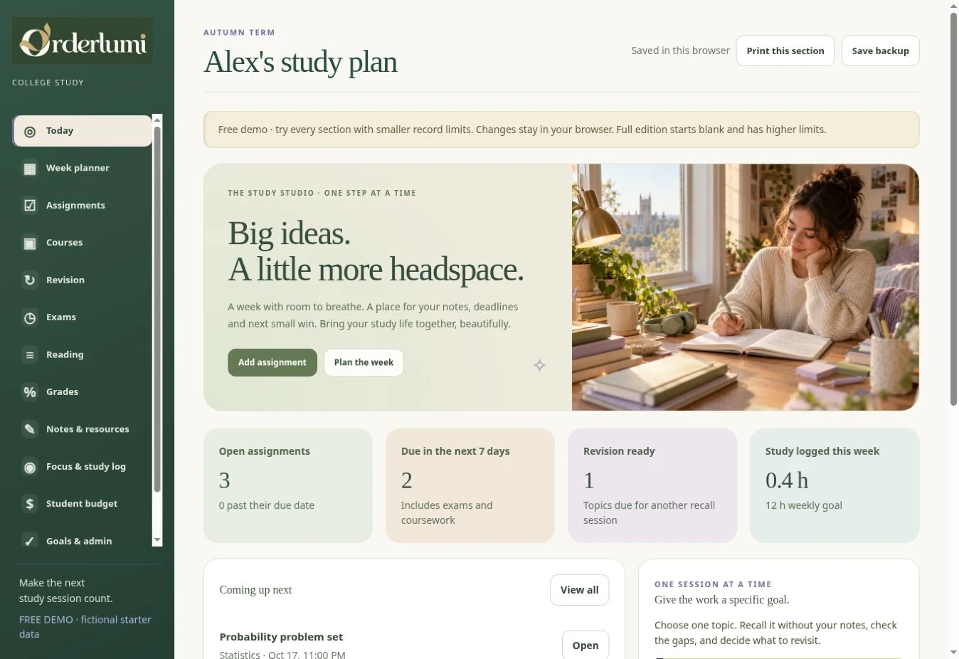 Actual College & University Study Planner — Today & upcoming deadlines