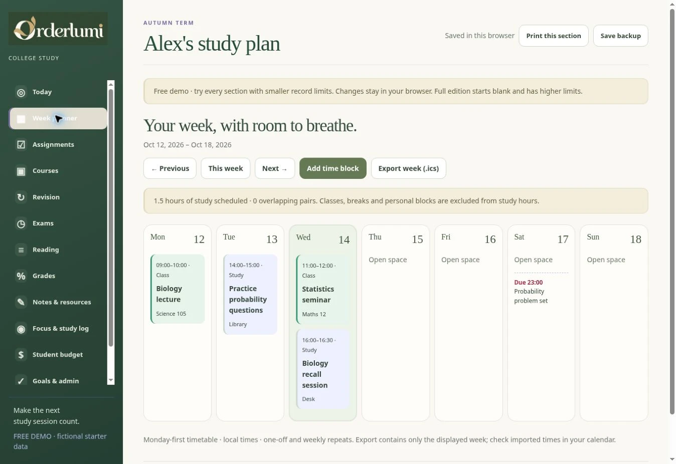 Actual College & University Study Planner — Weekly timetable