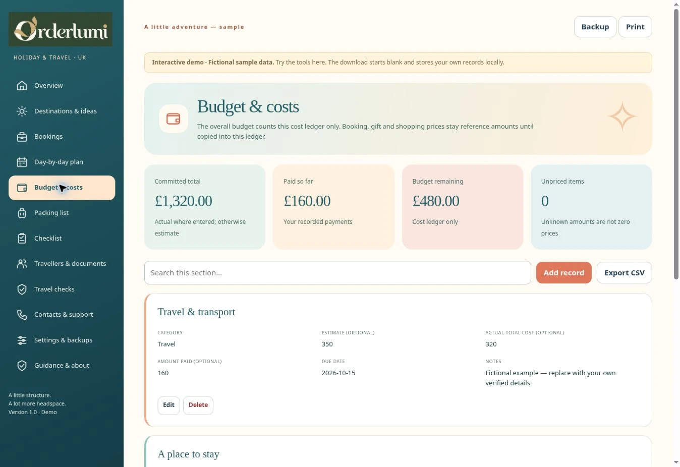 Actual Holiday & Travel Planner — UK — GBP budget & costs