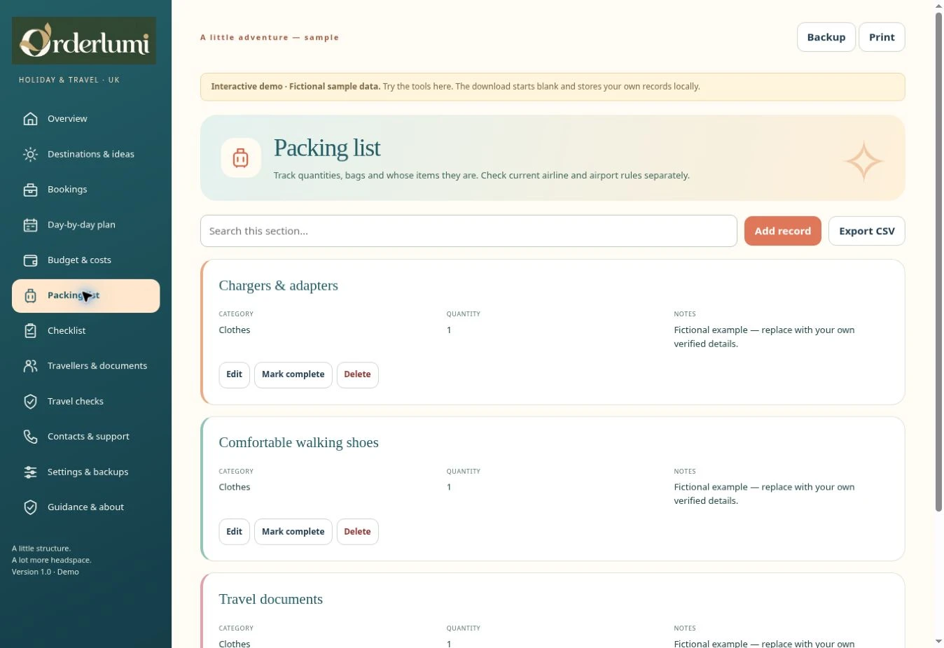 Actual Holiday & Travel Planner — UK — Packing list