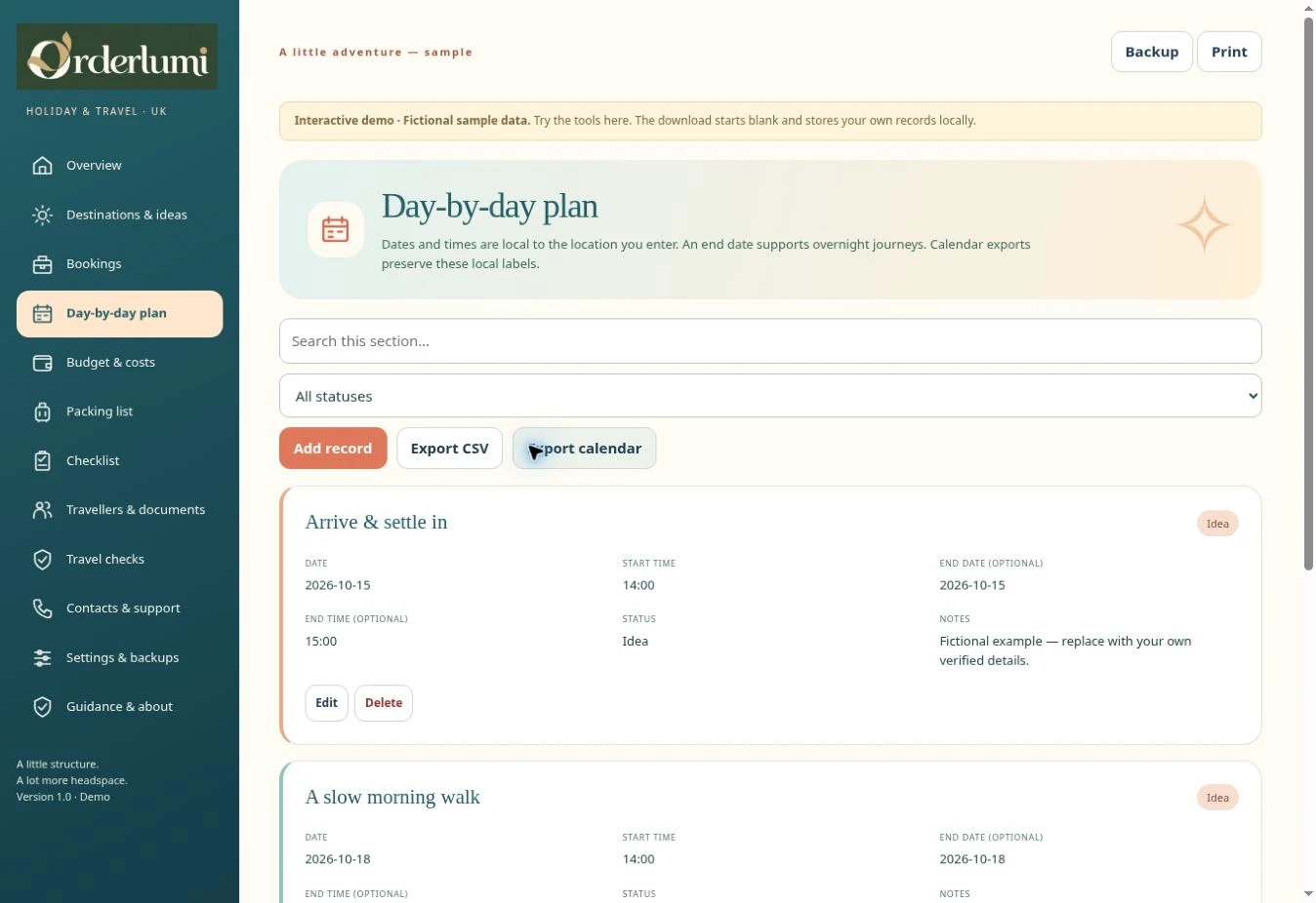 Actual Holiday & Travel Planner — UK — Day-by-day plans