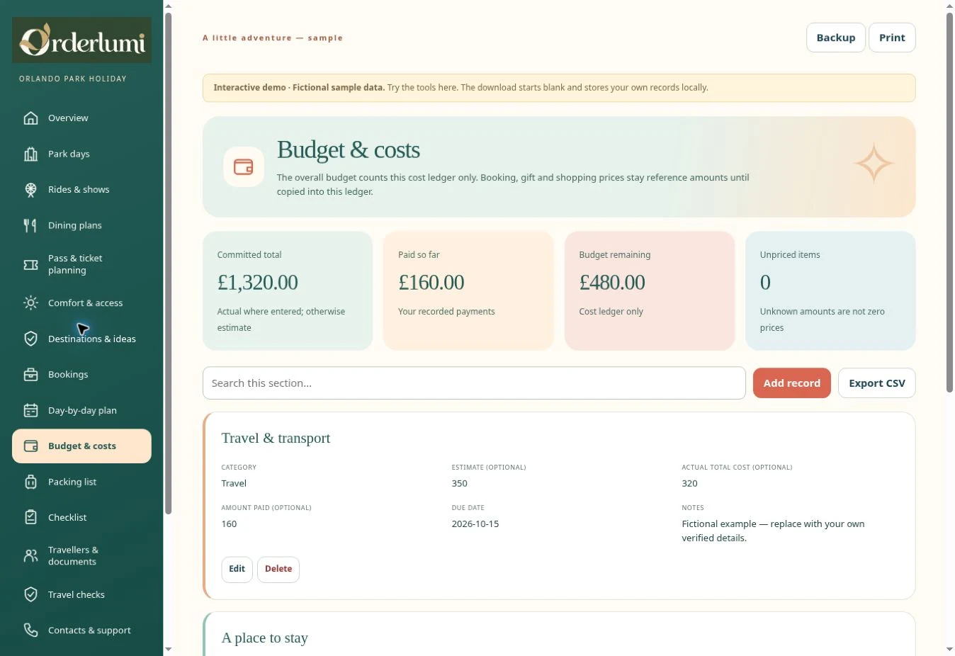 Actual Orlando Planner — Budget & costs