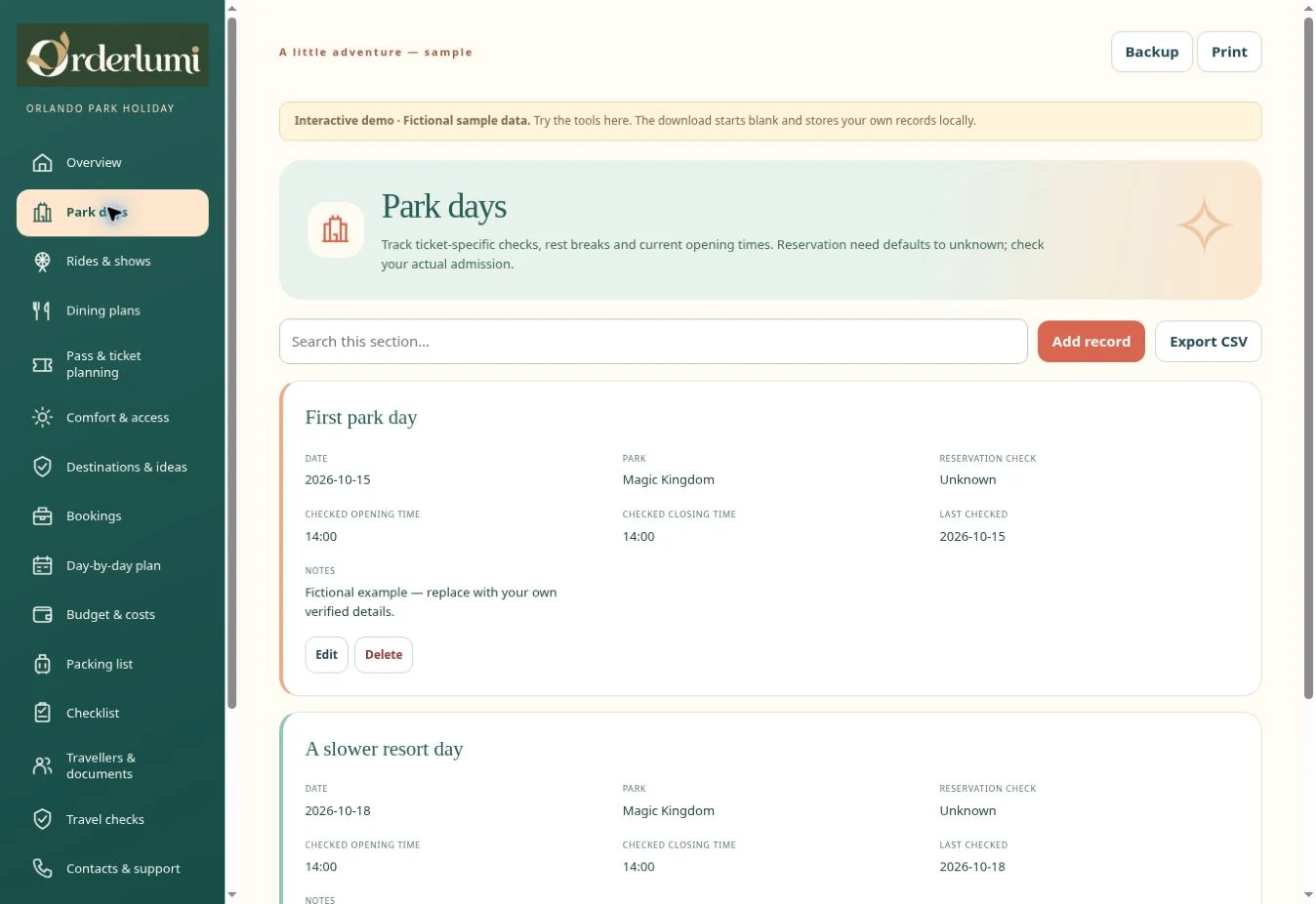 Actual Orlando Planner — Park days