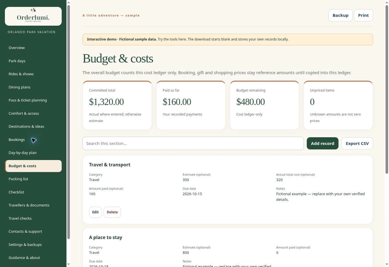Actual Vacation Planner — Budget & costs