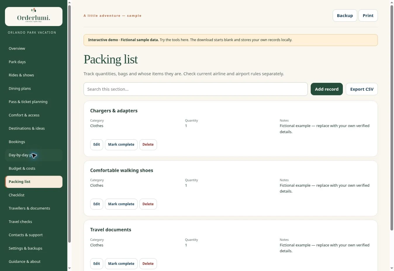 Actual Vacation Planner — Packing list