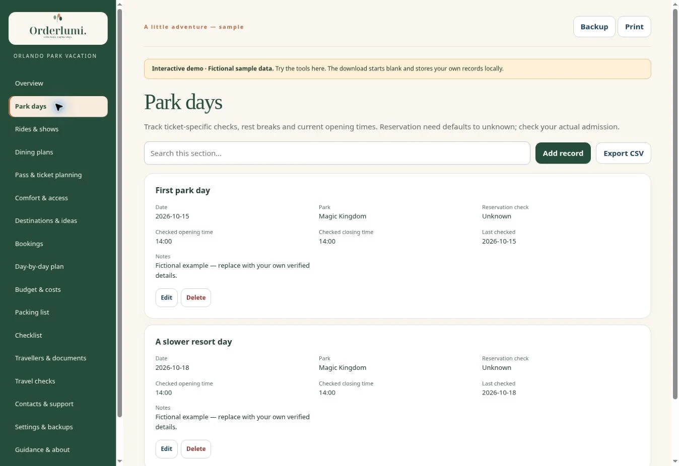 Actual Vacation Planner — Park days