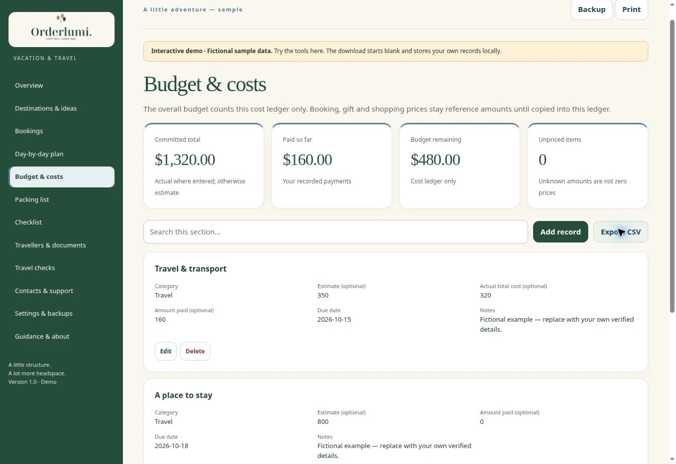 Actual Vacation Planner — Budget & costs