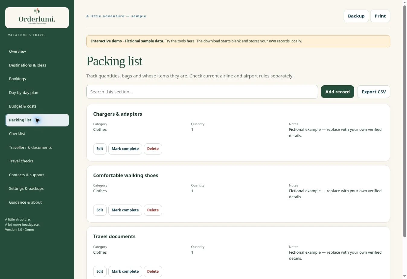 Actual Vacation Planner — Packing list
