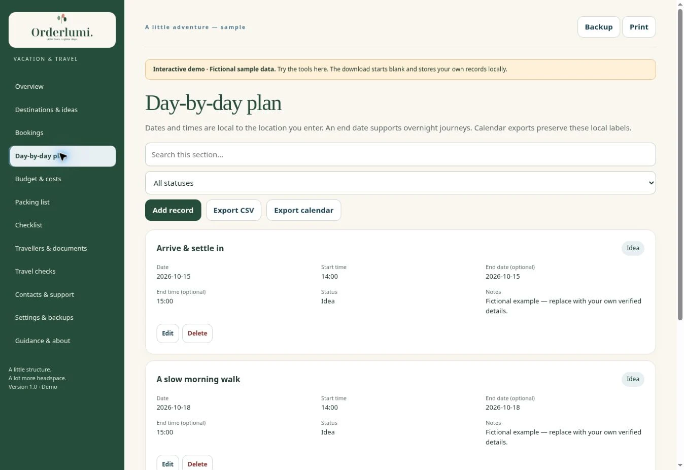 Actual Vacation Planner — Day-by-day itinerary