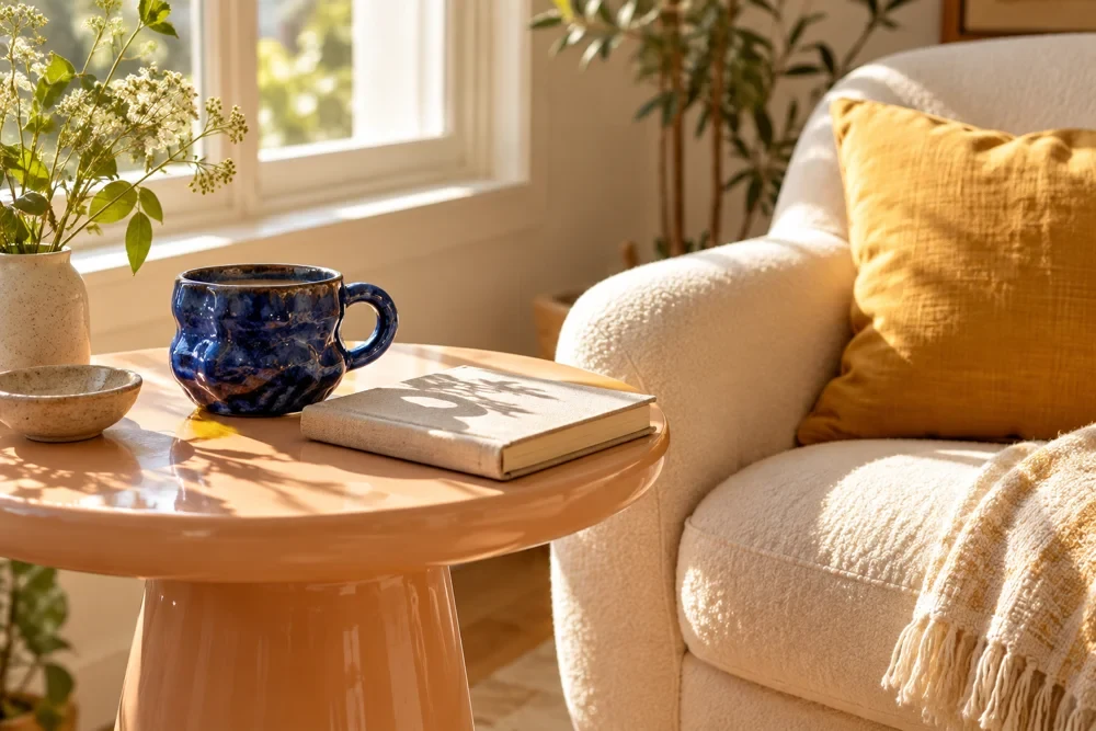 Warm sunlit reading corner with a ceramic cup and linen notebook, matching the planner’s welcome imagery