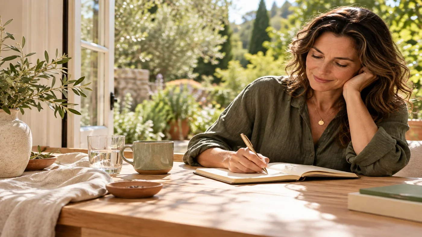 Illustrative lifestyle photograph of a relaxed adult writing in a journal beside a sunny window